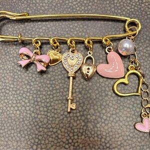 New Gold and Pink valentines Charm Brooch hearts pearl key lock bow